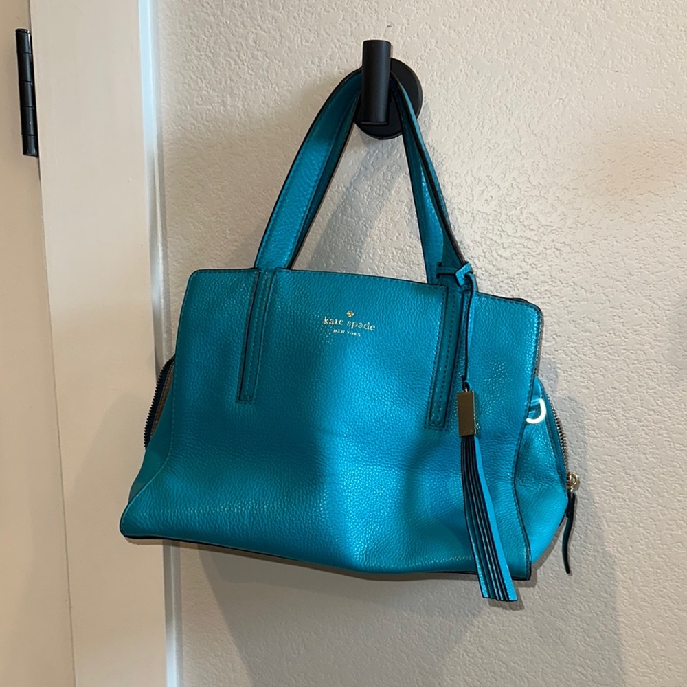 GUC 100% Cow Leather Kate Spade Brand Teal Turquoise Purse Satchell Tote Bag